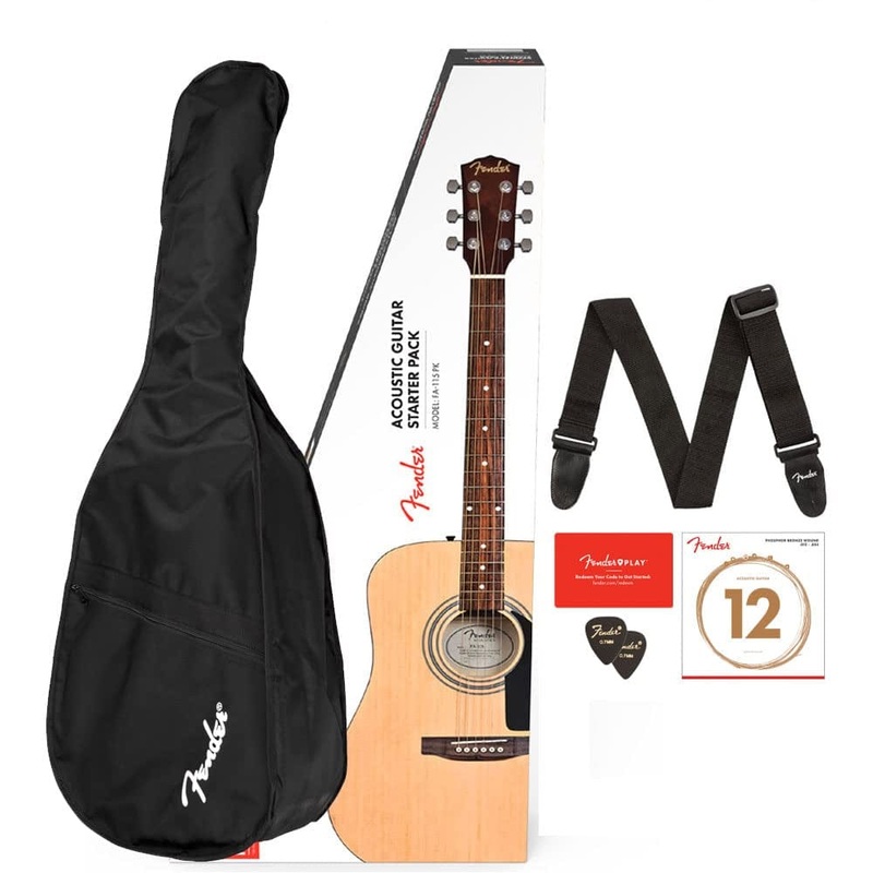 Fender FA-115 Dreadnought Acoustic Guitar Pack with Gig Bag, Strap, String Set and Picks – Natural
